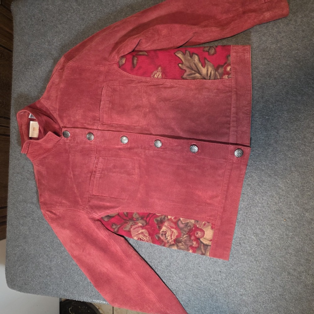 vintage Chico's Design Burgundy Suede Floral Inset Jacket Size 1 M1
